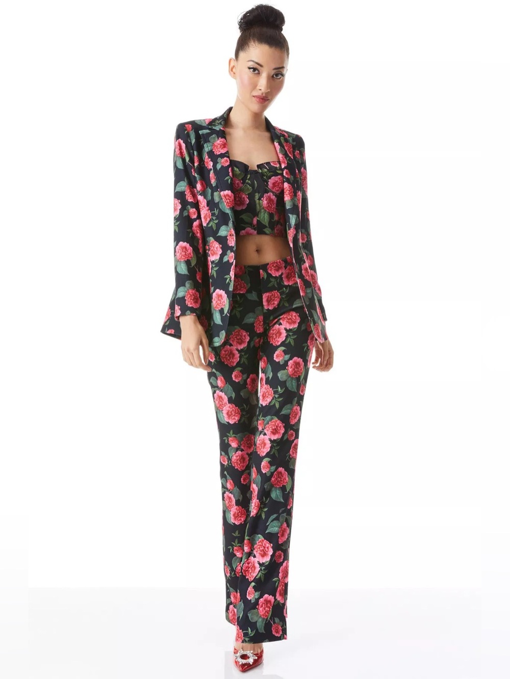 Alice + Olivia Floral Black Pink Rose Blazer & pants Set Size 8 Like New. - Picture 3 of 5